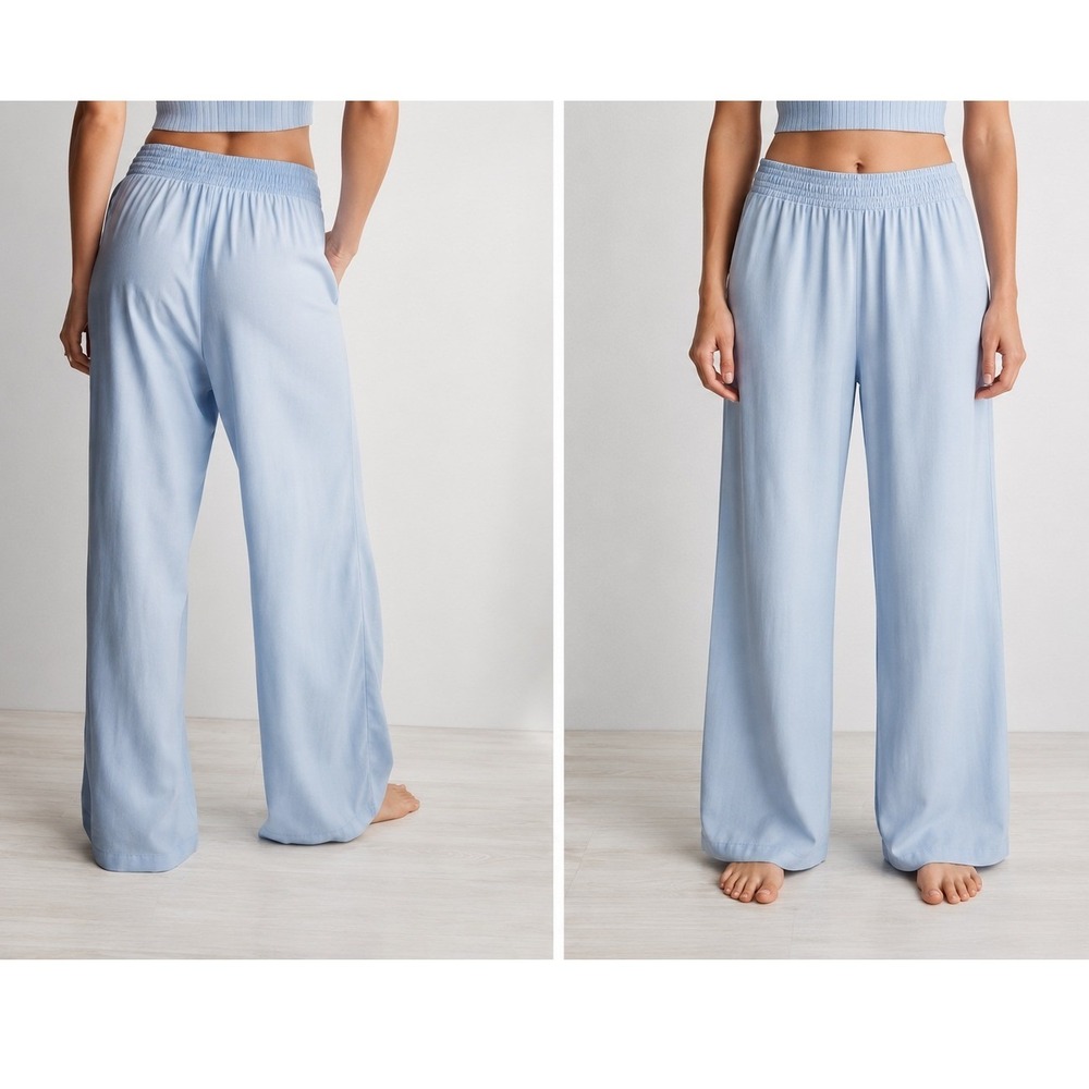 Aerie Light Blue Linen Blend Wide Leg Smocked Waist Pants Size Large L Summer